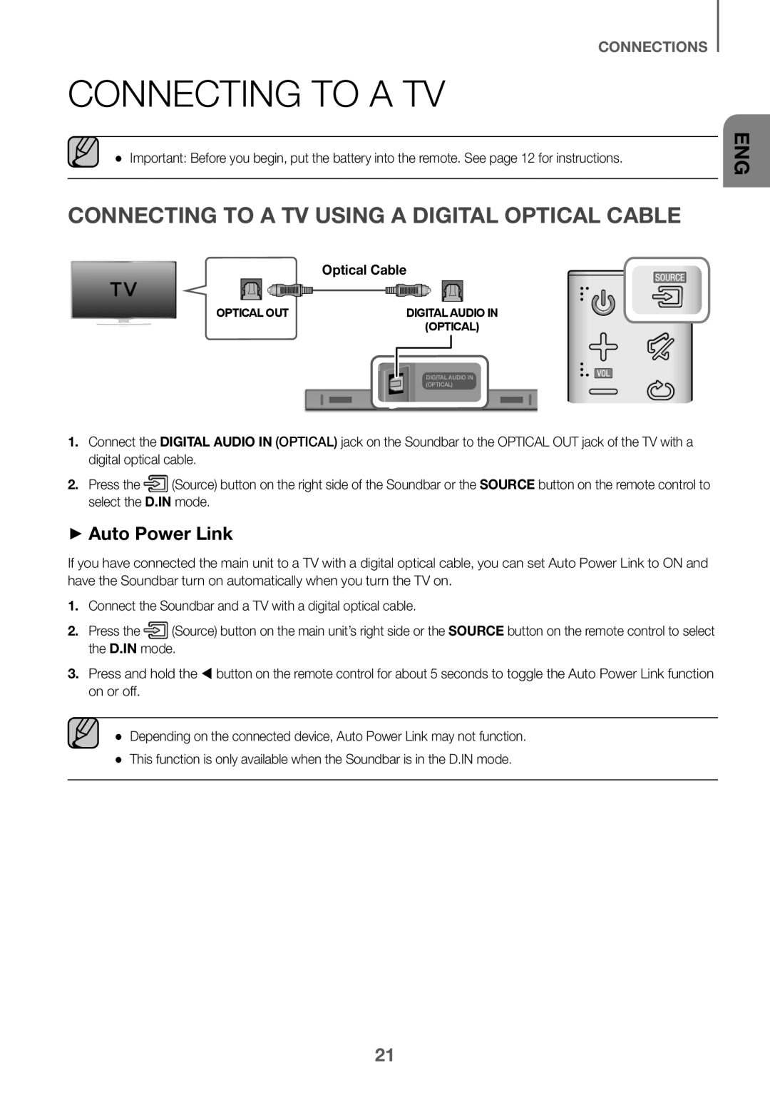 CONNECTING TO A TV USING A DIGITAL OPTICAL CABLE Standard HW-KM36