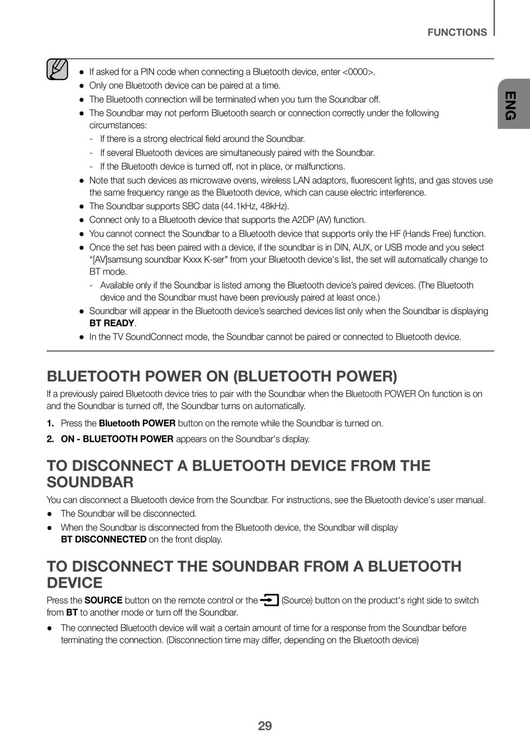 BLUETOOTH POWER ON (BLUETOOTH POWER) TO DISCONNECT A BLUETOOTH DEVICE FROM THE SOUNDBAR