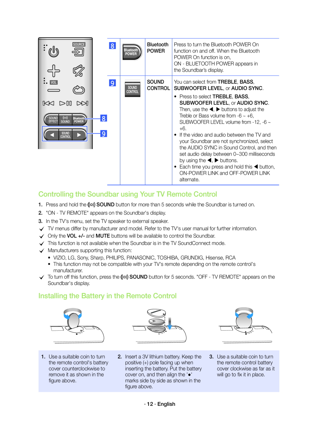 Controlling the Soundbar using Your TV Remote Control Installing the Battery in the Remote Control