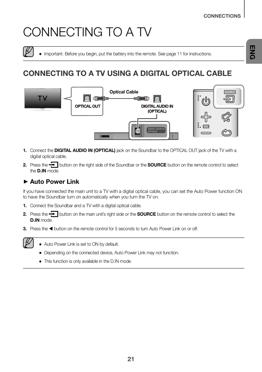 ++Auto Power Link Connecting to a TV Using a Digital Optical Cable