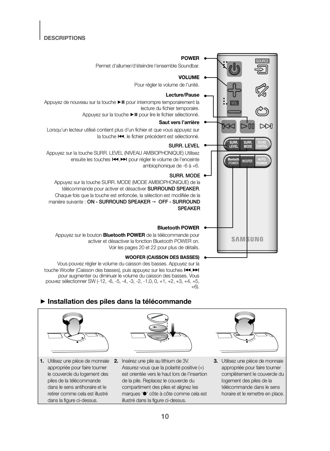 ++Installation des piles dans la télécommande Standard HW-J470