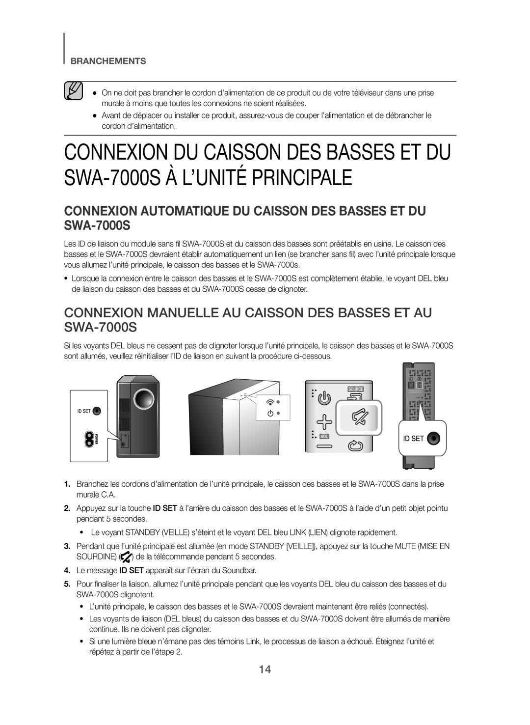 BRANCHEMENTS CONNEXION MANUELLE AU CAISSON DES BASSES ET AU SWA-7000S