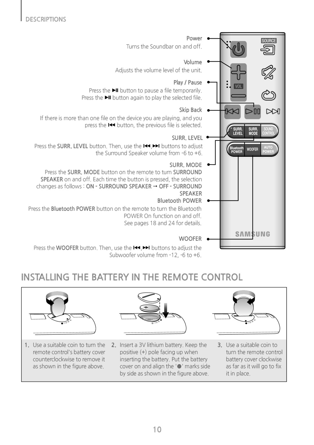 INSTALLING THE BATTERY IN THE REMOTE CONTROL Standard HW-J370