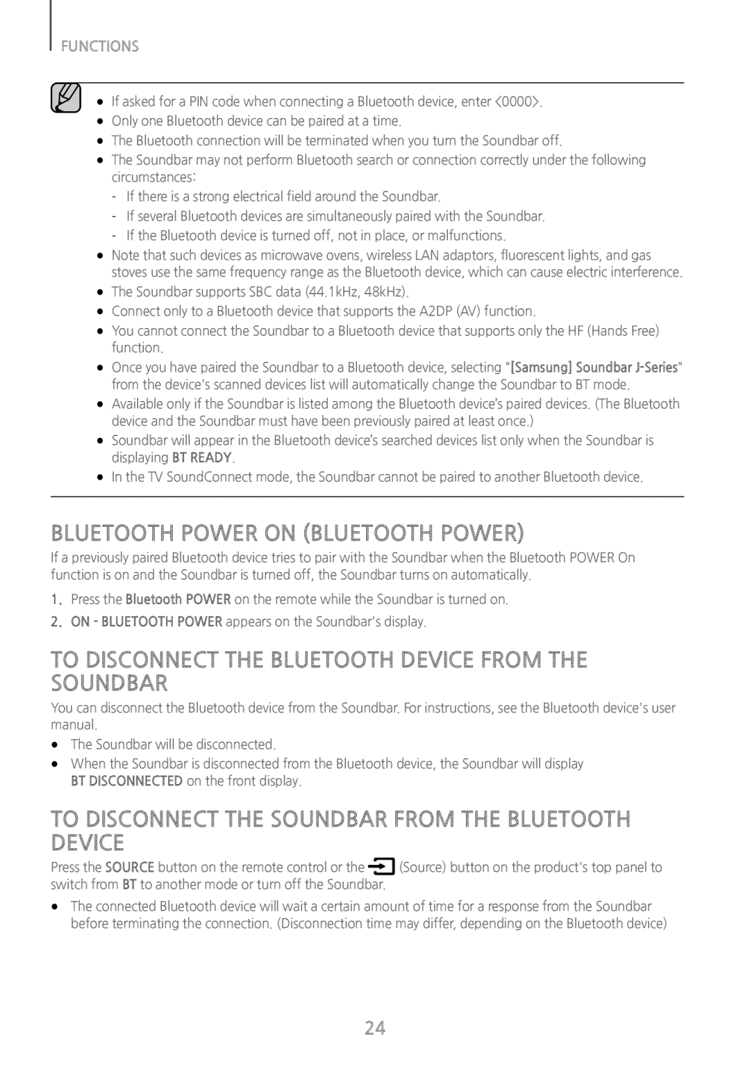 BLUETOOTH POWER ON (BLUETOOTH POWER) TO DISCONNECT THE BLUETOOTH DEVICE FROM THE SOUNDBAR