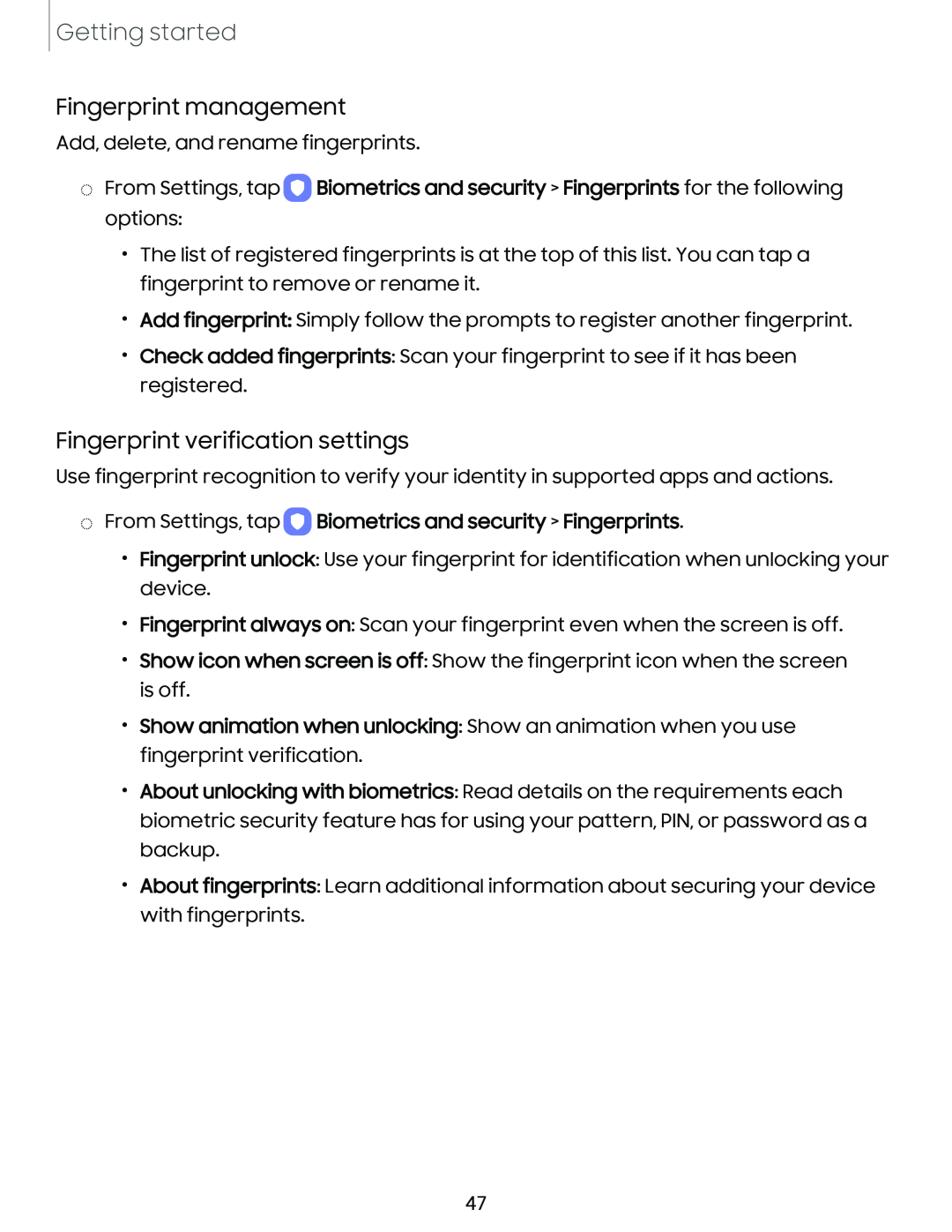 Fingerprint verification settings Galaxy Note10 Unlocked