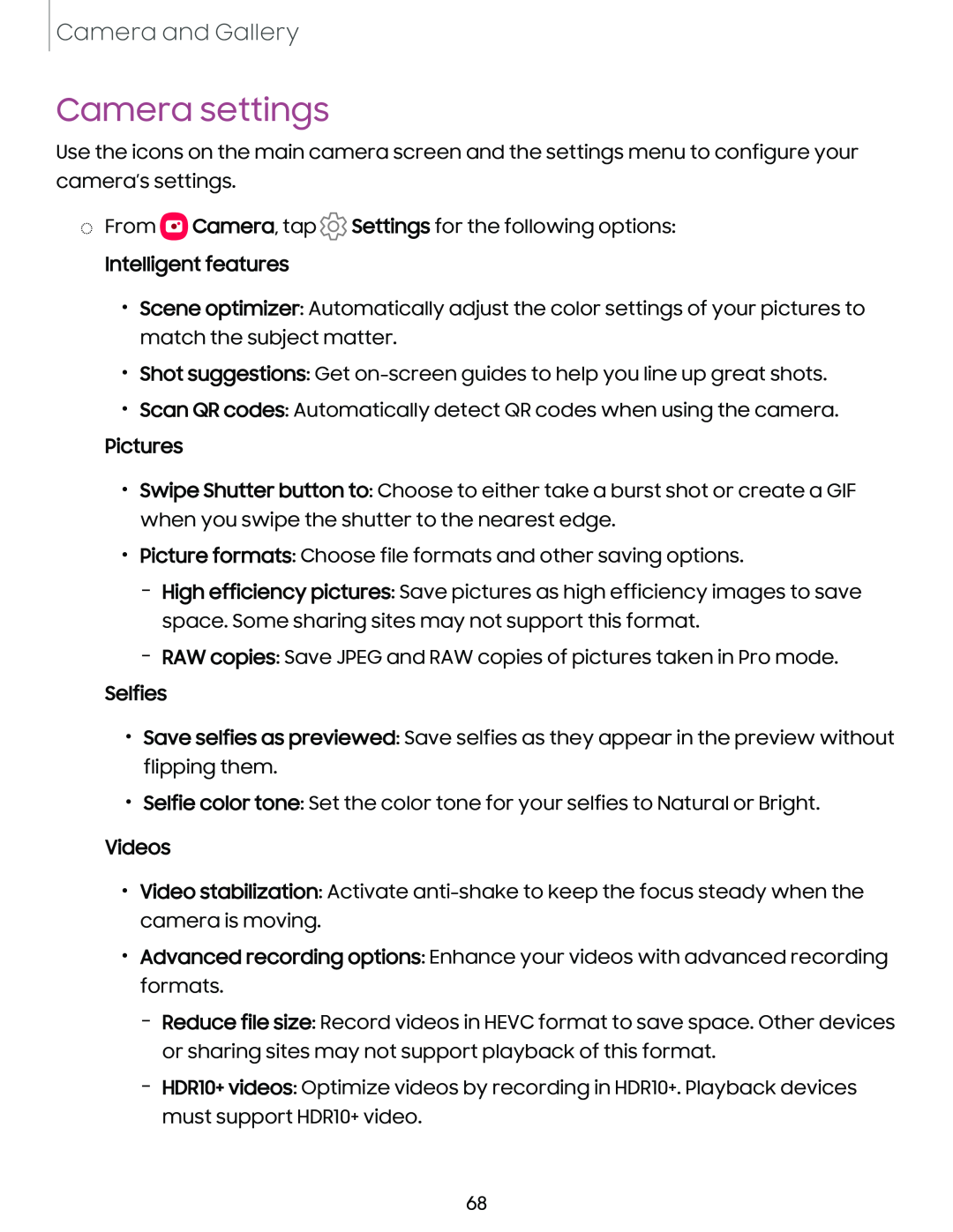 Camera settings Galaxy Note10 Unlocked