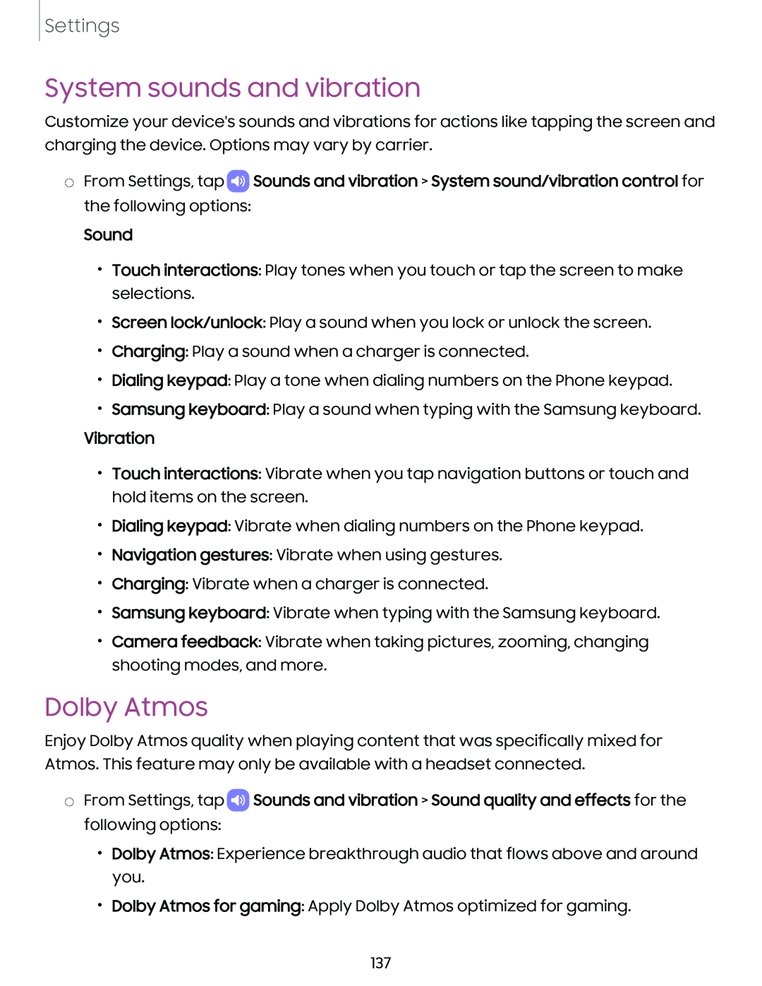 System sounds and vibration Dolby Atmos