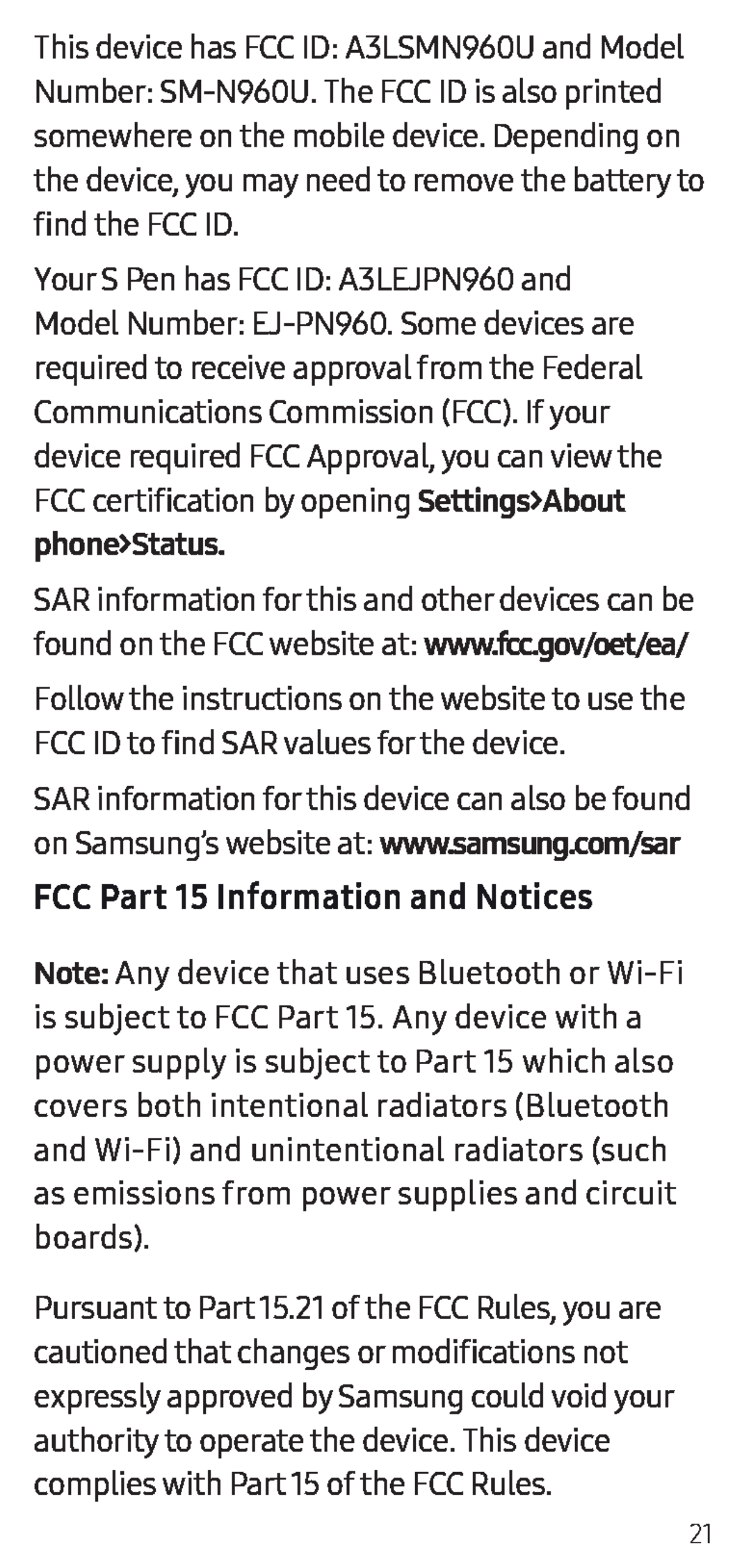 FCC Part 15 Information and Notices Galaxy Note9 US Cellular