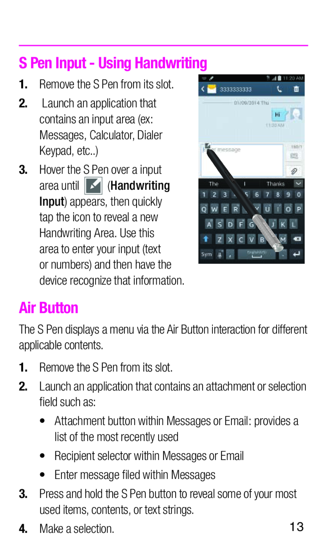 S Pen Input - Using Handwriting Air Button