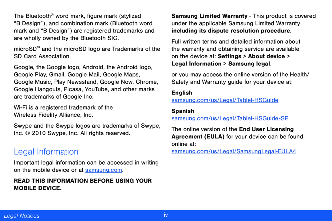 Legal Information Galaxy Tab 4 10.1 Verizon