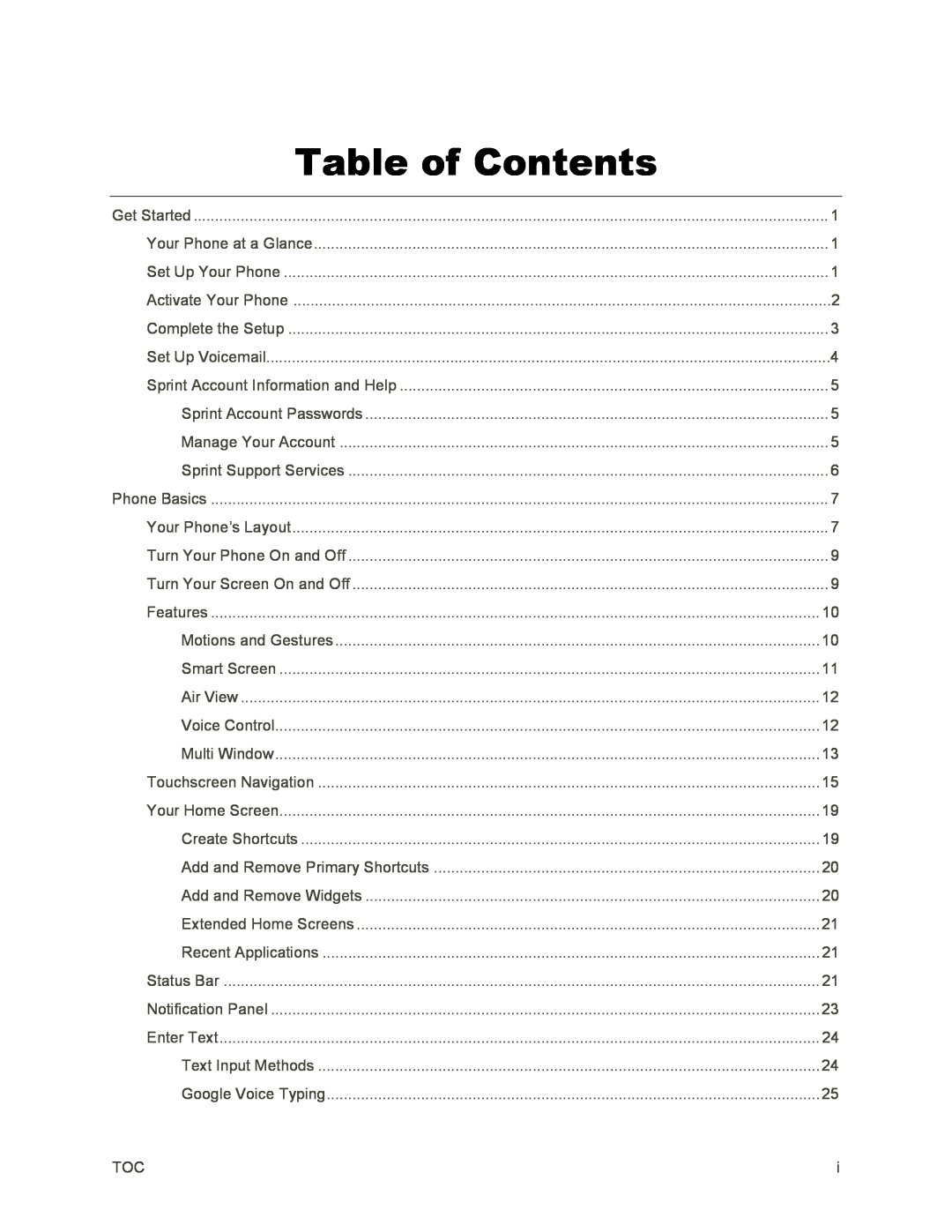 Table of Contents Galaxy S4 Sprint