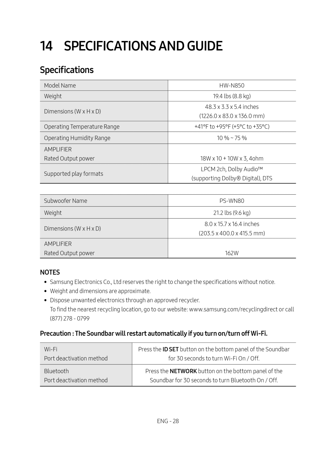 NOTES Specifications