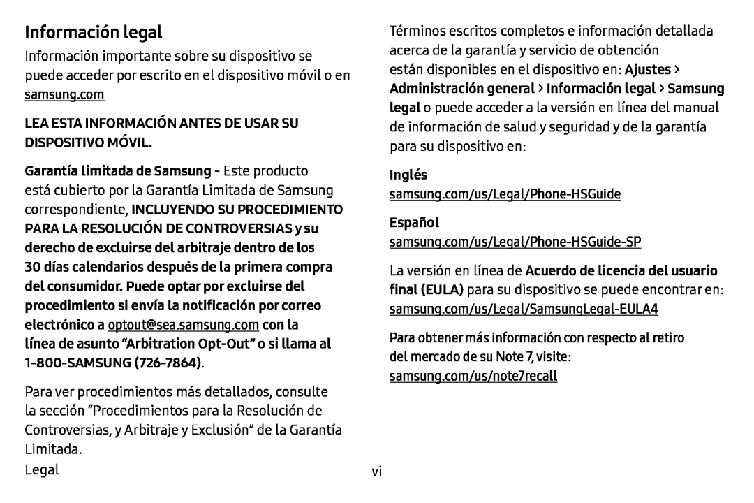Información legal Galaxy Note7 AT&T